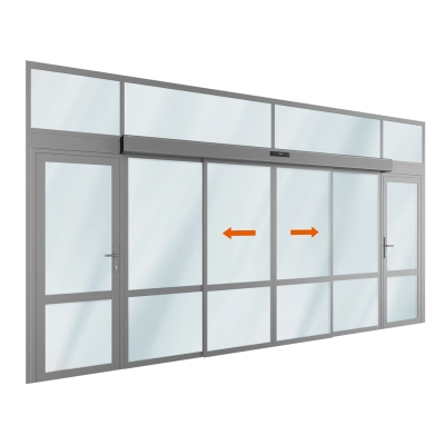 Комплект автоматической раздвижной двери (две подвижные, две неподвижные, две распашные створки и фрамуга сверху) для привода AD-SP